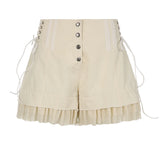 YESMYTOOL  -  Fashion Chic Ruffles Spliced High Waist Shorts Women Lace Trim Buttons Coquette Clothes Summer Shorts Tie Up Outfits