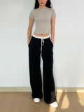 YESMYTOOL  -  Women Trimmed Twill  Contrast  Spongy Faux-Layered Wide-Leg Trousers Pants