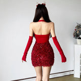 YESMYTOOL  -  Red Mini Christmas Dress Women Fashion Bow Sequin Patchwork Bodycon Dresses Sexy Halter Backless Evening Party Dress 2024