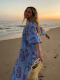 YESMYTOOL  -  Casual Printed Long Dresses Loose Striped V Neck Half Lantern Sleeve Female Dress 2024 Summer Lady Holiday Beach Linen Robes