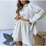 YESMYTOOL  -  Casual Cotton Linen Sets Commuter Single Breasted Loose Long Sleeve Shirt Shorts Suit Summer Vacation 2 Piece Set Women's Outfit