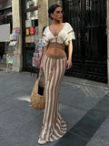 YESMYTOOL  -  Summer Knitted Beach Skirt Sets Women Sexy Hollow Out Slim Bohemian Outfits Fashion Striped Holiday Two Piece Set 2024 Beachwear