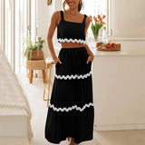 YESMYTOOL  -  2024 Spring Summer Sleeveless Vest Suits Women Square Collar Sling Crop Top & Long Skirts Outfits Elegant Wave Striped 2pcs Sets