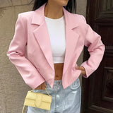 YESMYTOOL  -  Pink Casual Short Blazers For Women Loose 2024 Autumn Winter New Top Long Sleeve Solid Notched Lady Fashion Blazers Coat