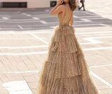 YESMYTOOL  -  2024 Sexy Gorgeous Saudi Arabia Champagne Sparkly V-Neck Backless Evening Prom Dress A-Line Tulle  Tiered Party Gown  Women