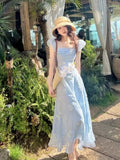 YESMYTOOL  -  2024 Summer Fairy Puff Sleeve Slash Neck Blue Dress Women Elegant 3D Flower Decoration Chiffon High Waist Slim Princess Dresses