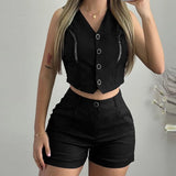 YESMYTOOL  -  Elegant Deep V-neck Vest Tops & Short Outfits 2024 Women Casaul Sleeveless Solid Set Fashion Lace Patchwork Button Slim 2Pc Suit