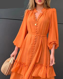 YESMYTOOL  -  Orange Ruffles Midi Dress For Women Lantern Sleeve Button Solid Dress With Belt Daily Vacation Party Vestido