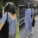 YESMYTOOL  -  l Blue Striped Knitted Dress for Women's Summer New Loose Casual Long Knee Length V-neck Dresses Female Clothing