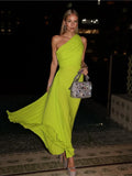 YESMYTOOL  -   One Shoulder Green Pleated Maxi Dress Summer Women Sleeveless Cinched Waist Solid Color Elegant Party Evening Dresses