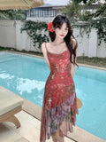 YESMYTOOL  -  Retro Red Floral Irregular Spaghetti Straps Ruffles Midi Dress Summer Holiday Club Party Elegant Sleeveless Women Mesh Sundress