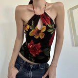 YESMYTOOL  -  American Retro Plant Flower Print Hanging Neck Hollow Small Tank Top for Women's 2024 Summer Spicy Girl Foreign Trade New Top