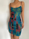 YESMYTOOL  - Pure Desire Spicy Girl Tie Dyed Double-layer Mesh Printed Slim Fitting Suspender Dress, Checkered Sexy Buttocks Wrapped Skirt