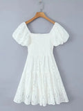 YESMYTOOL  -  Puff Sleeve Cotton White Lace Dress Women Summer 2024 Square Collar Vintage Beach Short Dress Petite Flower Embriodery  Dress