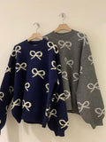 YESMYTOOL  -  Elegant Bow Printed Women Knitted Sweater Fashion Round Neck Long Sleeves Oversized Pullover 2024 Warm Lady Commuting Tops