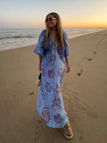 YESMYTOOL  -  Casual Printed Long Dresses Loose Striped V Neck Half Lantern Sleeve Female Dress 2024 Summer Lady Holiday Beach Linen Robes