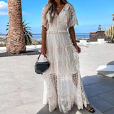 YESMYTOOL  -  Elegant V-neck Short Sleeve Long Dress Lady Sexy Crochet Embroidery Hollow Party Dress Fashion Hight Waist Pleat Mesh Maxi Dress