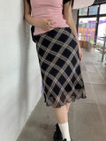 YESMYTOOL  -   Y2k Vintage Plaid Skirt Women Summer 2024 Korean Style Casual Mesh Print High Waist Slim Midi Skirt Girl 90s Streetwear