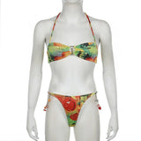 YESMYTOOL  -  Coloful Printed Vacation Bikini Set Beach Sexy Swimsuit Hanging Neck Metal Ring Vest Fruit Pendant Triangle Pants Suit