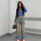 YESMYTOOL  -  Washed Distressed Retro Gradient Holes Jeans 2024 Autumn Splashed Ink High Waist Straight Leg Casual Denim Pants Streetwear