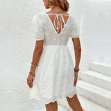 YESMYTOOL  -  2024 New Summer V-neck Dress White Short Sleeved Women's Fashion Hooked Flower Hollow Lace Dresses Open Back Lace Up Dress