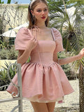 YESMYTOOL  -  Y2K Pink Satin Princess Short Dresses for Women Puff Sleeve Square Collar Ruffles A-line Evening Party Dress Kawaii Mini Vestido