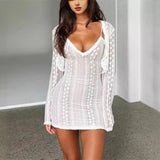 YESMYTOOL  -  2024 See-Through Lace Two-Piece Dress Sets Elegant Spaghetti Strap Bodycon Mini Dress Long Sleeve Cropped Cardigans Beach Suit