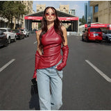 YESMYTOOL -  Fall Outfits 2024 Slim One Shoulder Leather Waistcoat With Gloves Women Sexy Sleeveless Irregular Vest 2024 Autumn New Lady Chic High Street Tops