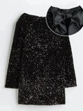 YESMYTOOL  -  Fashion Glitter Sequins Mini Dress Elegant Women Bow O-neck Long Sleeve Loose Party Gown Female Chic Evening Prom Vestido