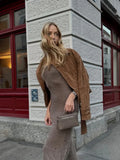 YESMYTOOL -  Fall Outfits 2024 Elegant Brown Short Suede Jacket With Belt Women Lapel Long Sleeve Cropped Coat Fashion Female Autumn Office Street Outerwears