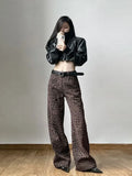 YESMYTOOL  -   Vintage Leopard Wide Leg Pants Women Oversized Streetwear Harajuku High Waist Straight Pants Casual Loose Long Pants New