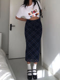 YESMYTOOL  -   Vintage Y2k Long Skirt Women Plaid Low Waist Slim Mesh Patchwork Straight Midi Skirt Casual Preppy Style Streetwear