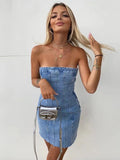 YESMYTOOL  -   Ladies Blue Denim Frayed Bandeau Dress 2024Ladies Vintage Dress Vacation High Street Zipper Slim Chic Female Dress