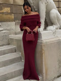 YESMYTOOL   -  Off Shoulder Long Sleeve Knitted Maxi Dress Women Solid Fashion Backless Bodycon Vestidos 2024 New Lady Party Streetwear