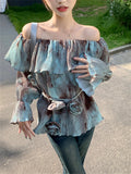 YESMYTOOL  -  Blue Retro Blouses Daily Tie-Dying Ruffles Autumn Chic Loose Slash Neck Slim Office Lady Full Sleeve Ruffles