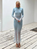 YESMYTOOL  -  2024 Autumn Winter Striped See-through Knitted Long Dress Streetwear Sexy Women's Half High Collar Bodycon Evening Party Dresses