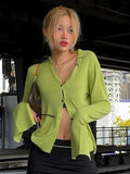 YESMYTOOL  -  Green Women's Shirt Basic Top Spring V Neck Button Blouses Sexy Crop Top Long Sleeve Top Ladies Club Party T Shirts Blouse