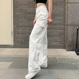 YESMYTOOL  -  High Waist Casual Jeans 2024 Women Fashion White Blue Loose Omighty Wide Leg Pocket Cargo Pants Vintage Solid Overalls Trouser