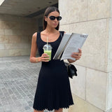 YESMYTOOL  - Casual Solid Color Basic Pleated Women Summer Dress Sundress Sleeveless Sqaure Collar A-line Slim Short Dresses Elegant Simple