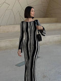 YESMYTOOL  -  Women Chic Striped Printed Knitted O-neck Dresses Elegant Contrasting Color Long Sleeve Bodycon Dress 2024 Lady Party Streetwear