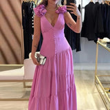 YESMYTOOL  -  Fashion Cross Backless Pleated Dresses Ladies Sexy Deep V High Waist Evening Dress 2024 Casual Sleeveless Button Slim Long Dress