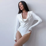 YESMYTOOL  -  White Long Draped V Neck Bodysuits Elegant Fashion Outfits Basic Solid Tops Slim Fit One Piece Clothes