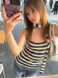 YESMYTOOL  -  Harajuku Striped Camisole Women Sleeveless Korean Fashion Streetwear Knitted Tank Tops With Tie Summer Tops Halter Tops