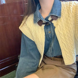 YESMYTOOL  -  High Street Vintage Denim Shirts With Knitted Cardigans Vest Spring 2024 Loose Chic New Slim Casual Daily Office Lady