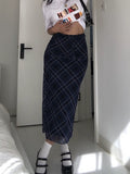 YESMYTOOL  -   Vintage Y2k Long Skirt Women Plaid Low Waist Slim Mesh Patchwork Straight Midi Skirt Casual Preppy Style Streetwear