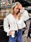 YESMYTOOL  -  Cotton Bow Lace Up Shirt Women Elegant V-neck Hollow Out Long Lantern Sleeve Shirts 2024 Spring Summer Casual Loose Fashion Tops