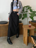 YESMYTOOL  -  Grey Skirts Women Black High-waist Side-split Midi Skirt Ladies A-line Vintage Elegant All-match Simple Fashion Streetwear Y2K