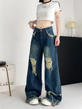 YESMYTOOL  -  Women's Broken Hole Tassel Star Jeans Young Girl Straight Denim Trousers Vintage Street Style Bottoms Female High Waisted Pants