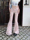 YESMYTOOL  -  Slim Mopping Flare Pants Women High Waist Slim-Fit Printed Chic Autumn Casual Streetwear Office Lady Florals