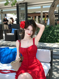 YESMYTOOL  -  Summer Red Dress Irregular Short Dresses For Women’s 2024 New Formal Seaside Holiday Elegant Female Korean Fashion Party Dresses